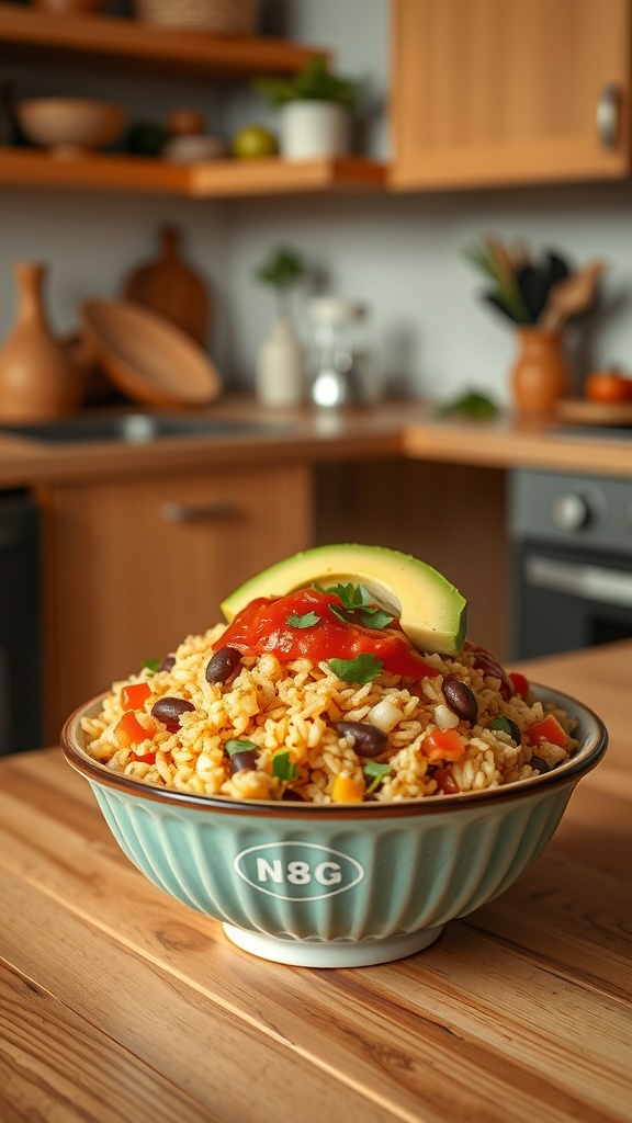 A colorful rice and bean burrito bowl with avocado and salsa, set in a cozy kitchen.
