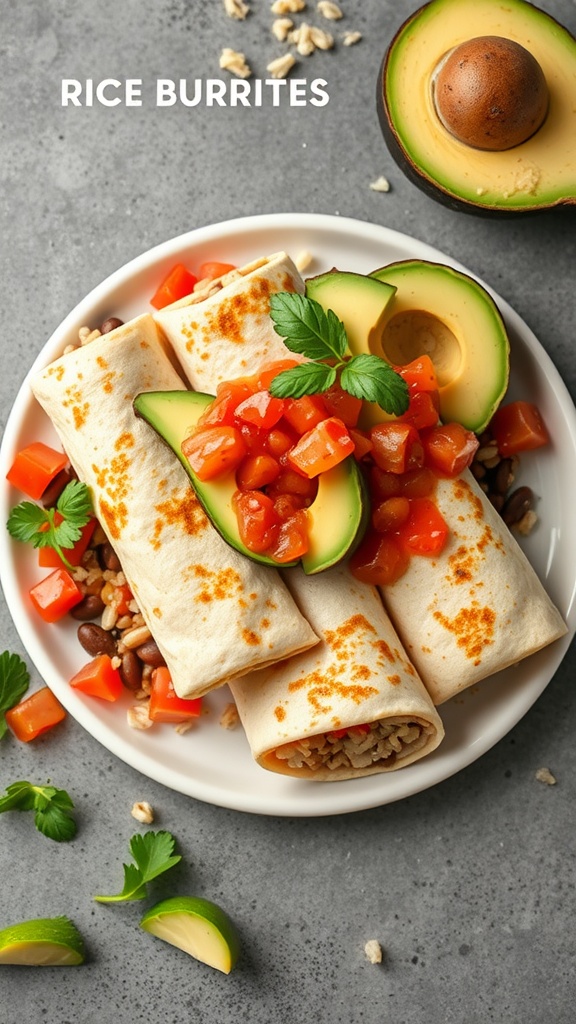 A plate of rice and bean burritos served with fresh avocado and tomatoes.