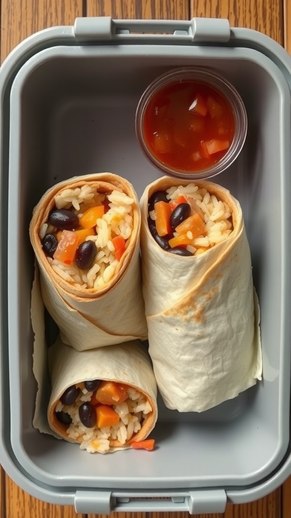 Rice and bean burritos in a lunchbox with salsa.