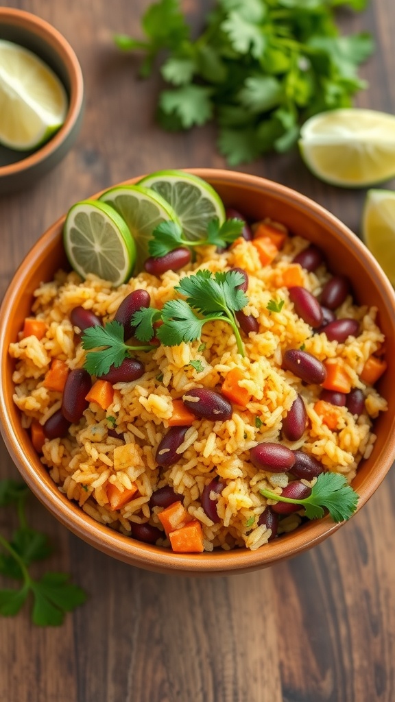 A colorful Rice and Beans Bowl with lime and cilantro garnishes.