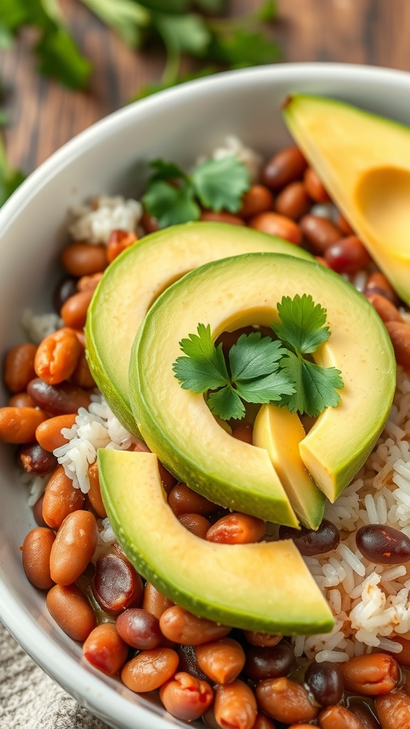 A bowl of rice and beans topped with avocado slices and cilantro.