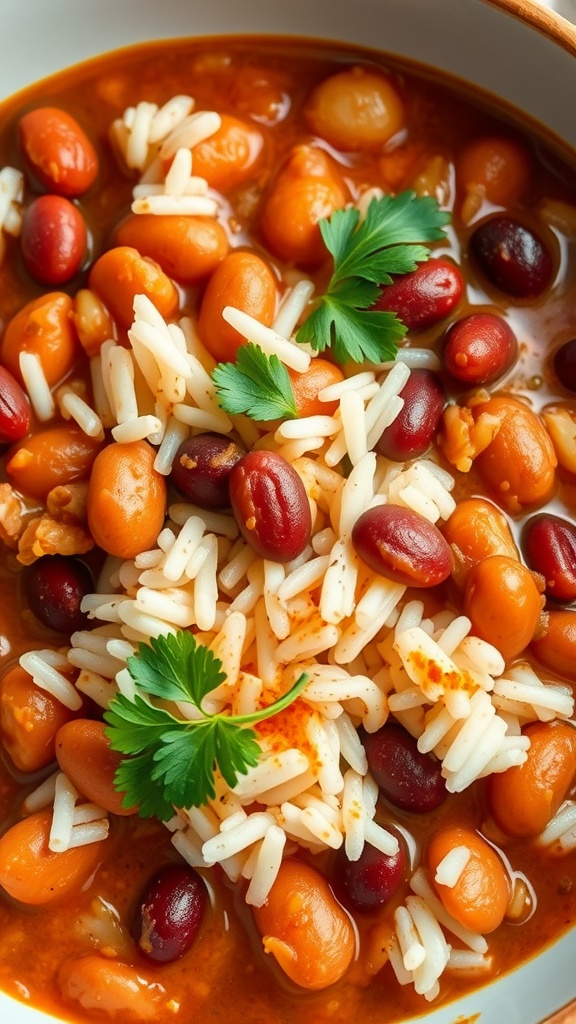 A bowl of rice and beans topped with spice and herbs.