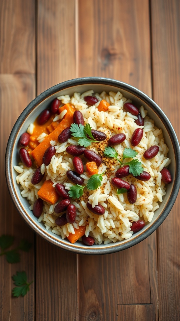 A bowl of rice and beans topped with cilantro and spices.