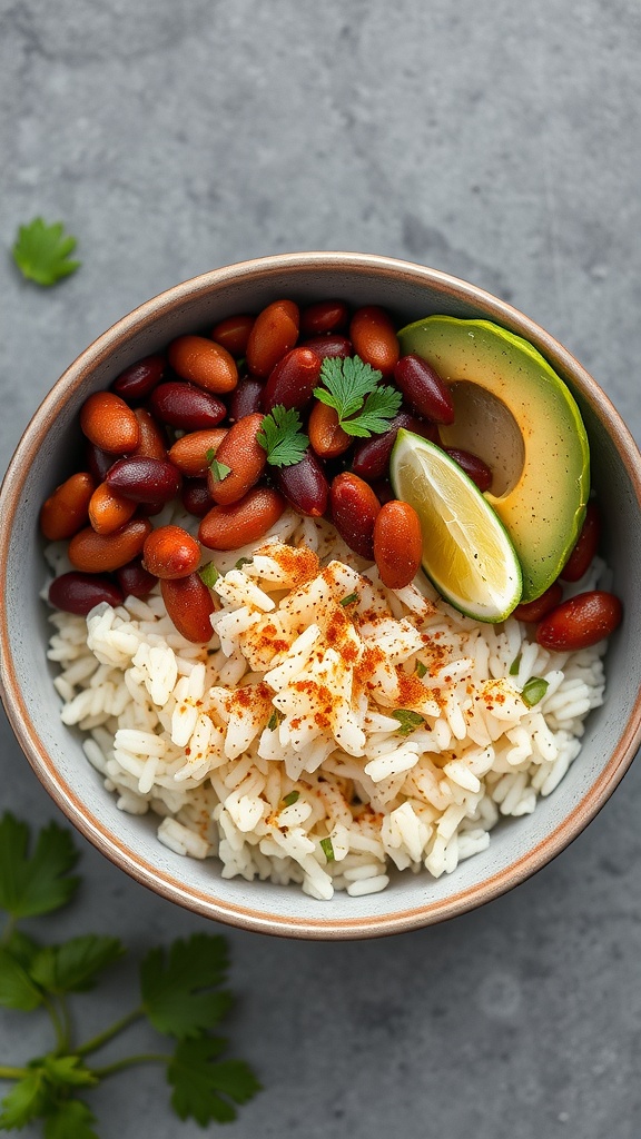 A delicious bowl of rice and beans topped with spices, cilantro, avocado slices, and lime wedges.