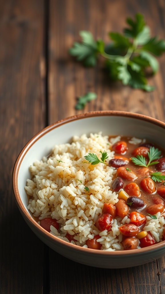 A bowl of rice served with a colorful mix of beans and spices, garnished with fresh herbs.