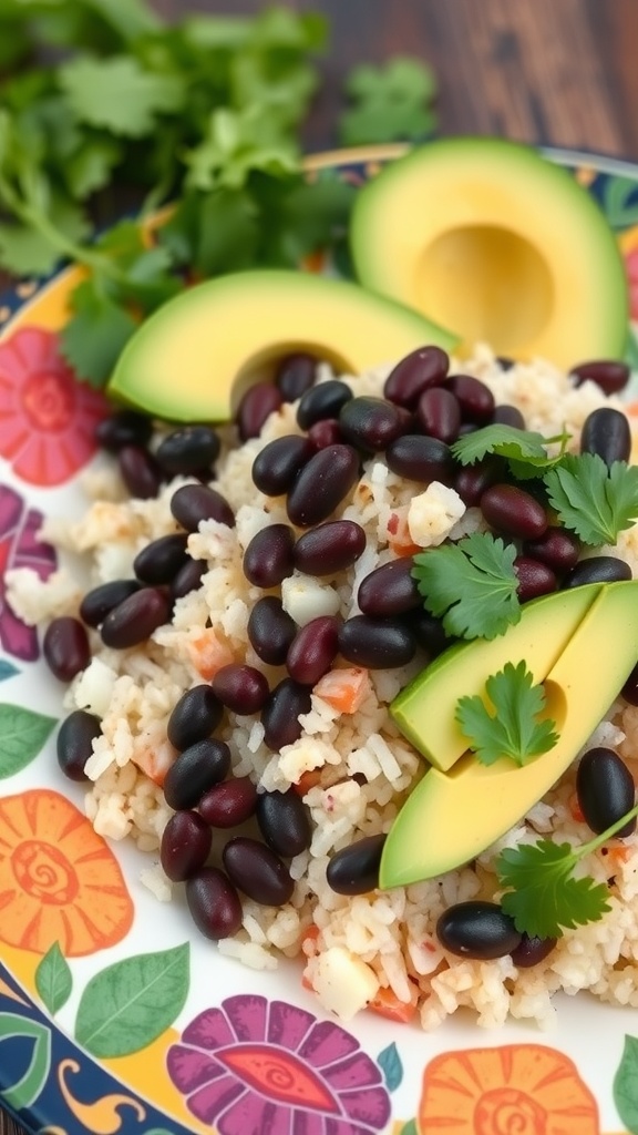 A colorful plate featuring rice topped with black beans, garnished with avocado slices and cilantro.