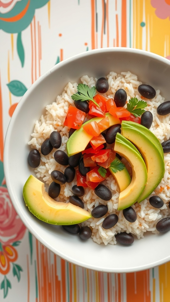A Rice and Black Beans Bowl with avocado slices, diced tomatoes, and cilantro on a colorful background.