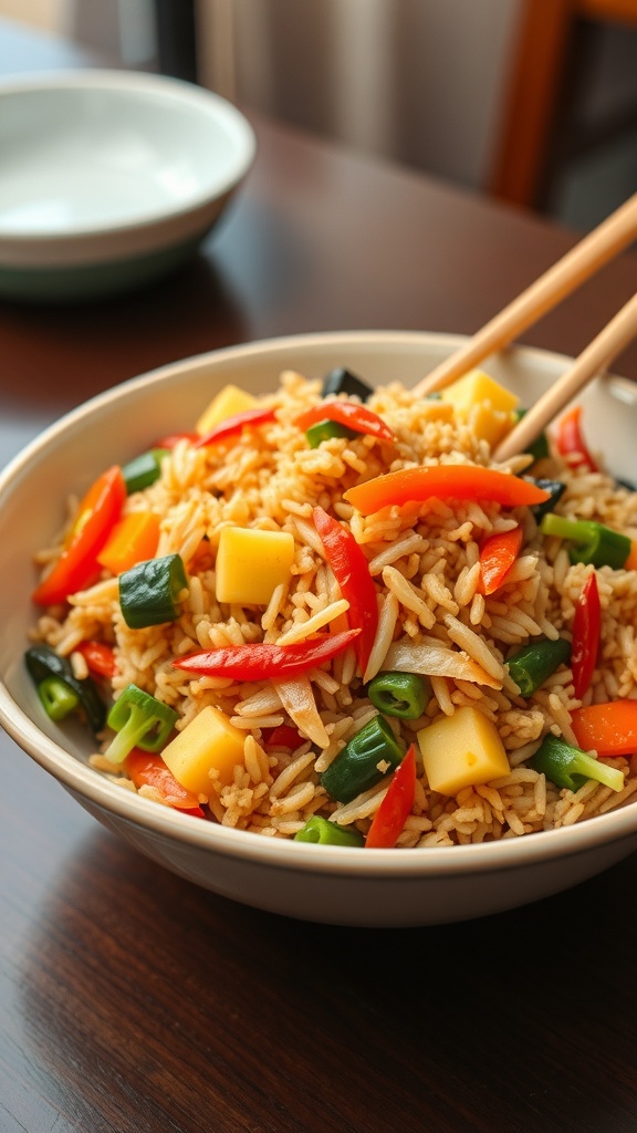 A container of rice and veggie stir-fry with colorful vegetables and chopsticks