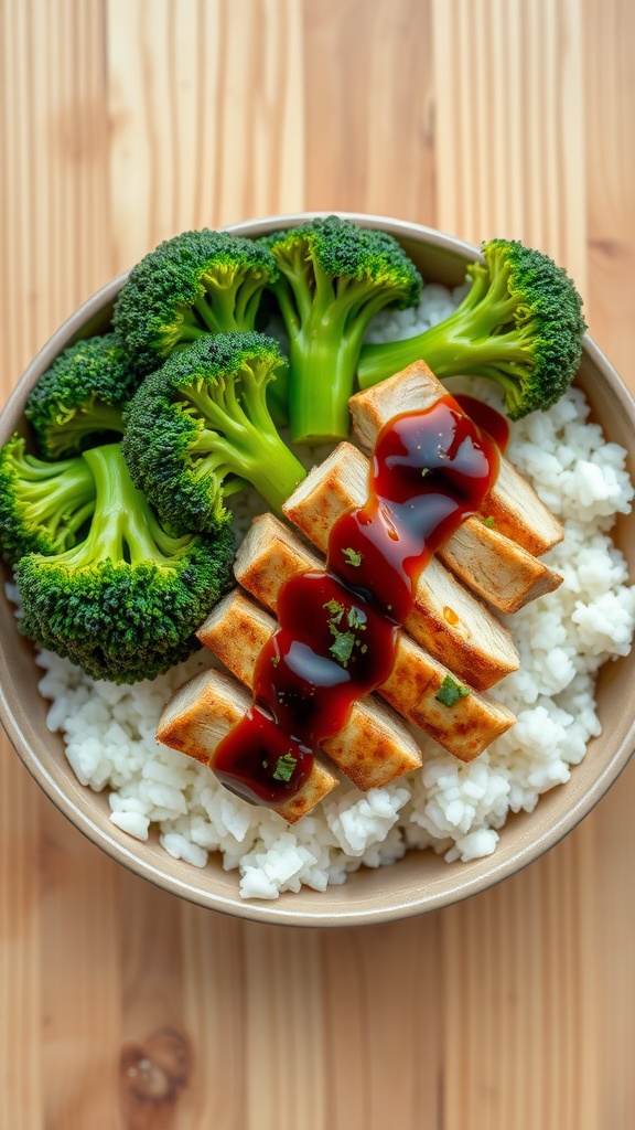 A rice bowl with grilled chicken, broccoli, and soy sauce.