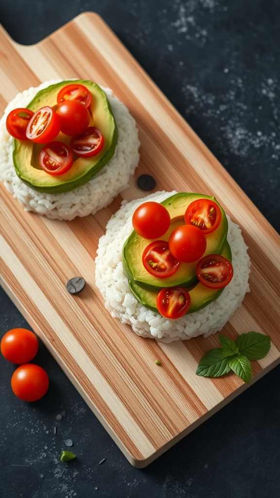 Rice cakes topped with avocado slices and cherry tomatoes on a wooden board