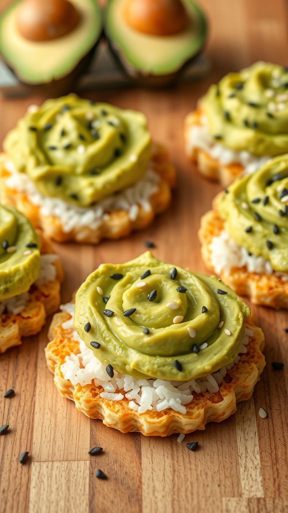 Rice cakes topped with creamy avocado spread and garnished with sesame seeds on a wooden surface.