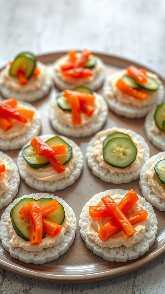 Rice cakes topped with hummus, cucumbers, and bell peppers on a plate.