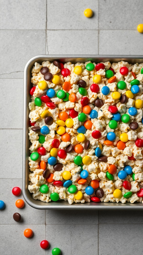 A tray of Rice Krispie treats mixed with colorful M&Ms