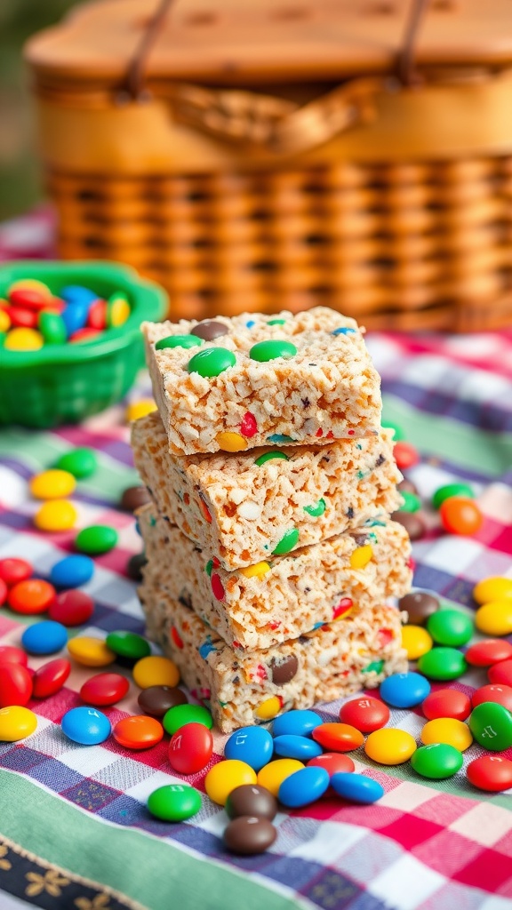 Delicious rice krispie treats with colorful M&M's stacked on a picnic blanket.