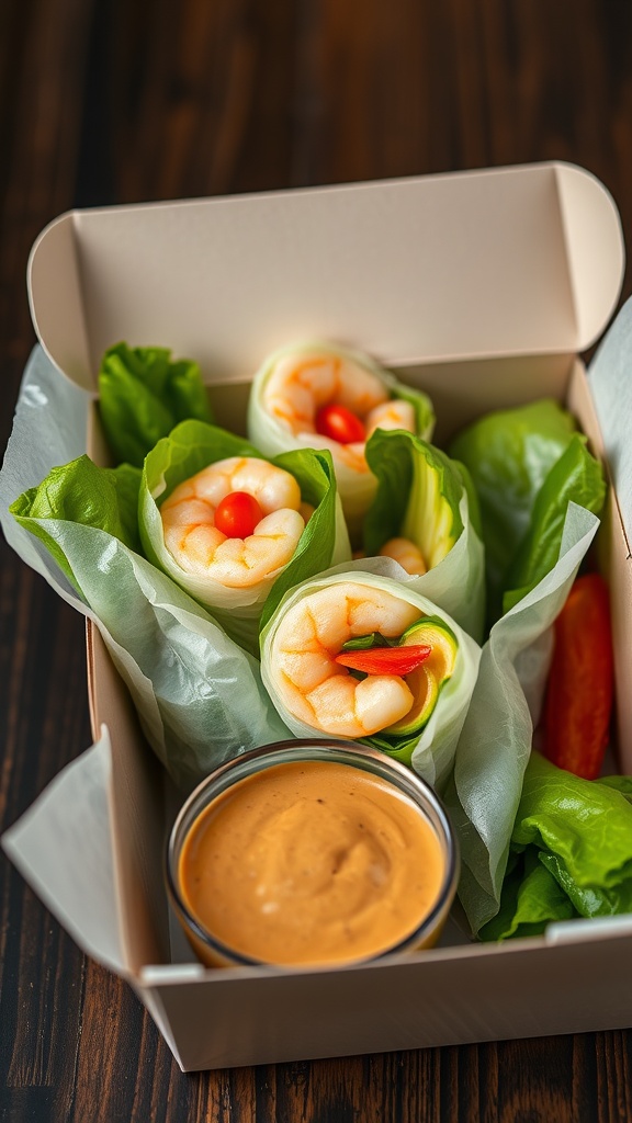 Rice paper rolls filled with shrimp and vegetables served with a dipping sauce.