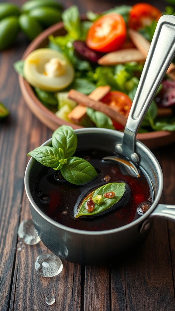 A small pot of rich balsamic reduction with fresh basil leaves.