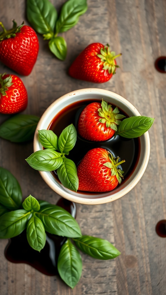 A bowl of rich balsamic reduction sauce with fresh strawberries and basil leaves.