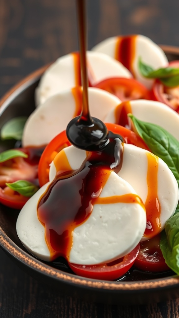 A rich balsamic reduction being drizzled over fresh mozzarella and tomatoes.