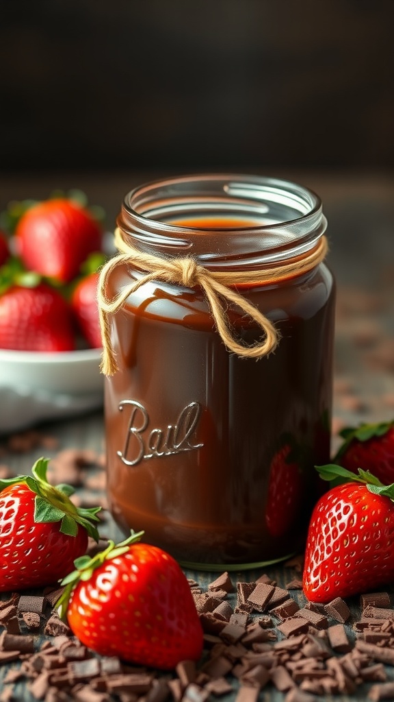 A jar of rich chocolate sauce surrounded by fresh strawberries and chocolate shavings.