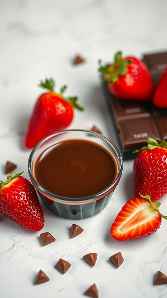 A rich chocolate sauce in a bowl with fresh strawberries and chocolate chips around it.
