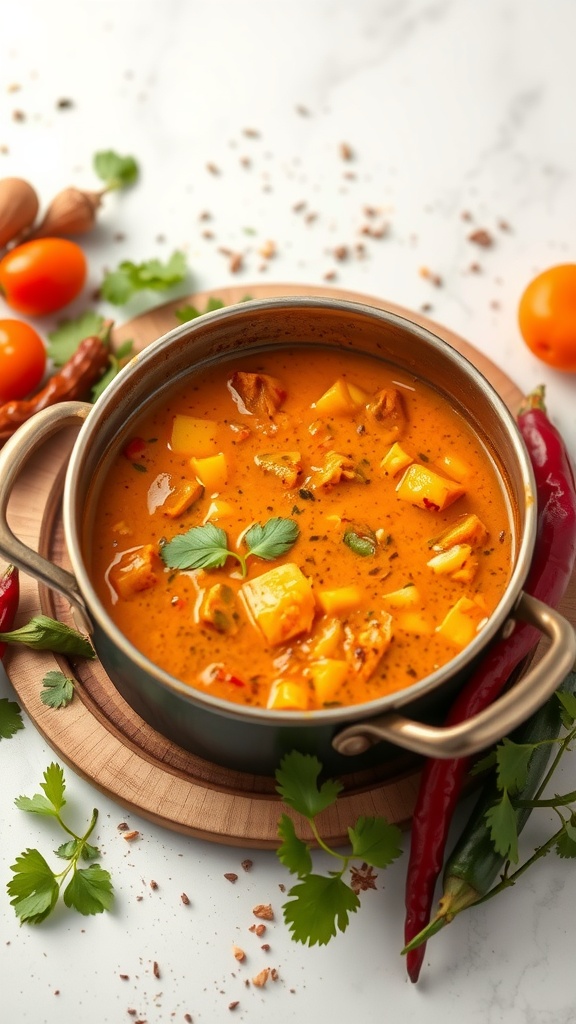 A bowl of rich coconut curry sauce with vegetables.