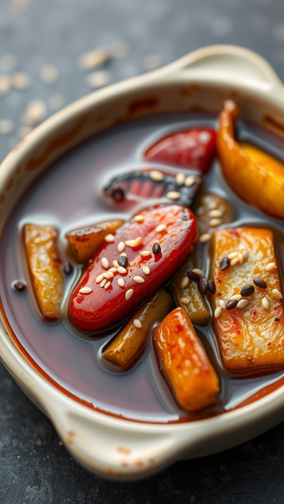 A bowl of rich teriyaki glaze with sliced vegetables and sesame seeds