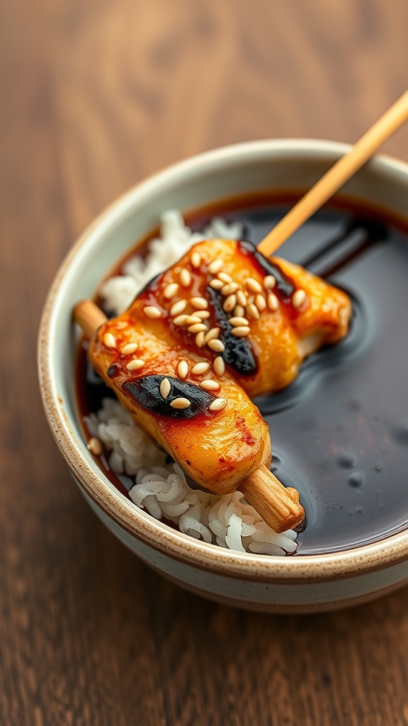 A bowl of rich teriyaki glaze drizzled over skewered food served with rice.