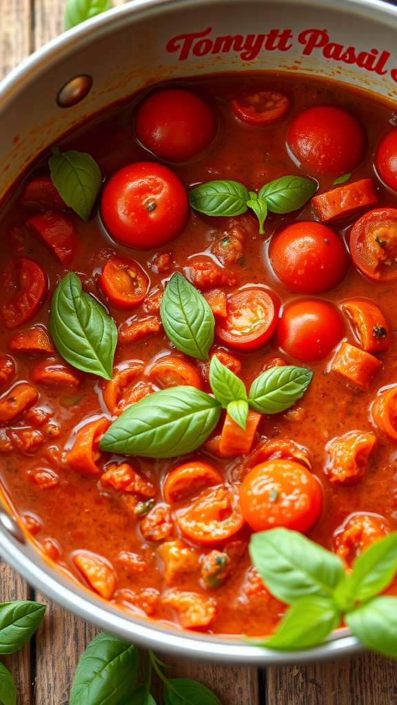 A pot of rich tomato basil pasta sauce simmering with fresh tomatoes and basil leaves