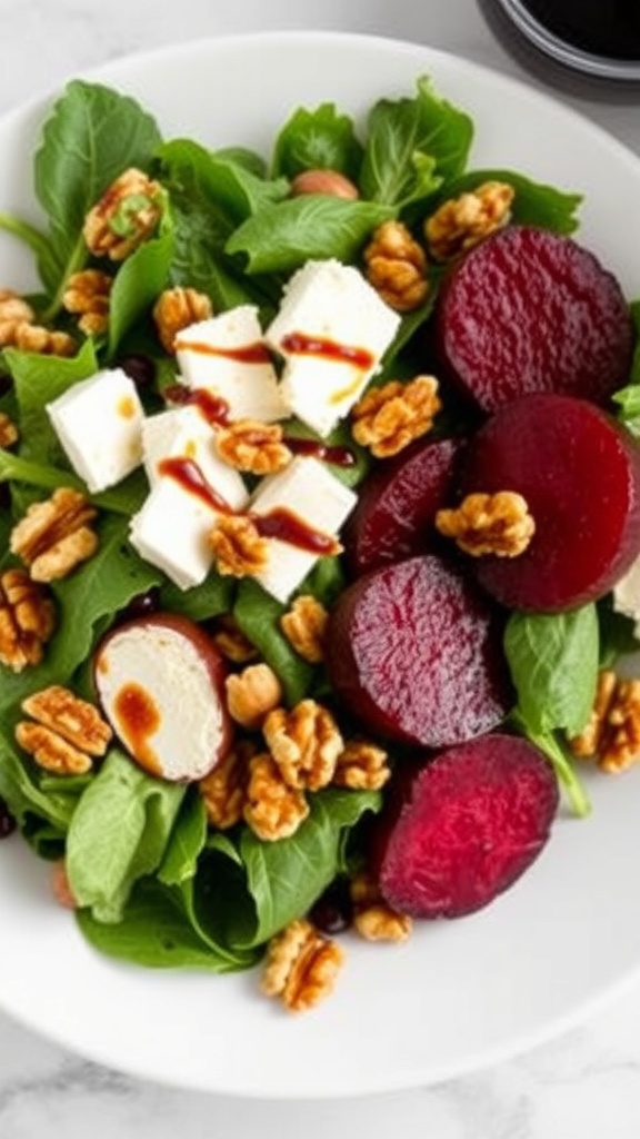 A colorful salad featuring roasted beets, goat cheese, walnuts, and fresh greens.