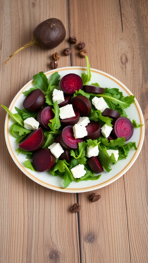 A plate of roasted beet and goat cheese salad with arugula and a wooden background.