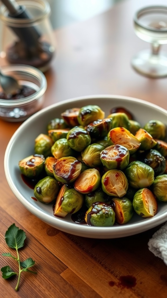 A bowl of roasted Brussels sprouts drizzled with balsamic glaze, presented beautifully on a wooden table.