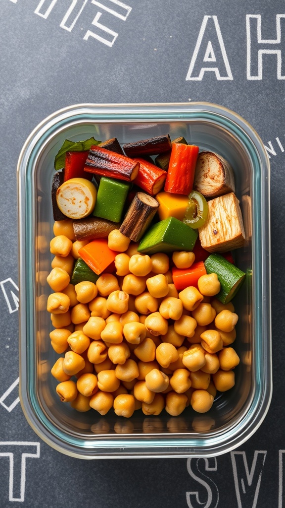 A meal prep container filled with roasted chickpeas and colorful chopped vegetables.