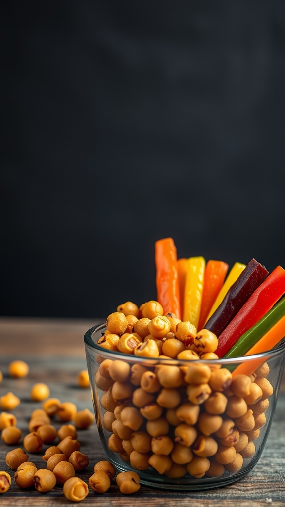 A bowl of roasted chickpeas with colorful veggie sticks.