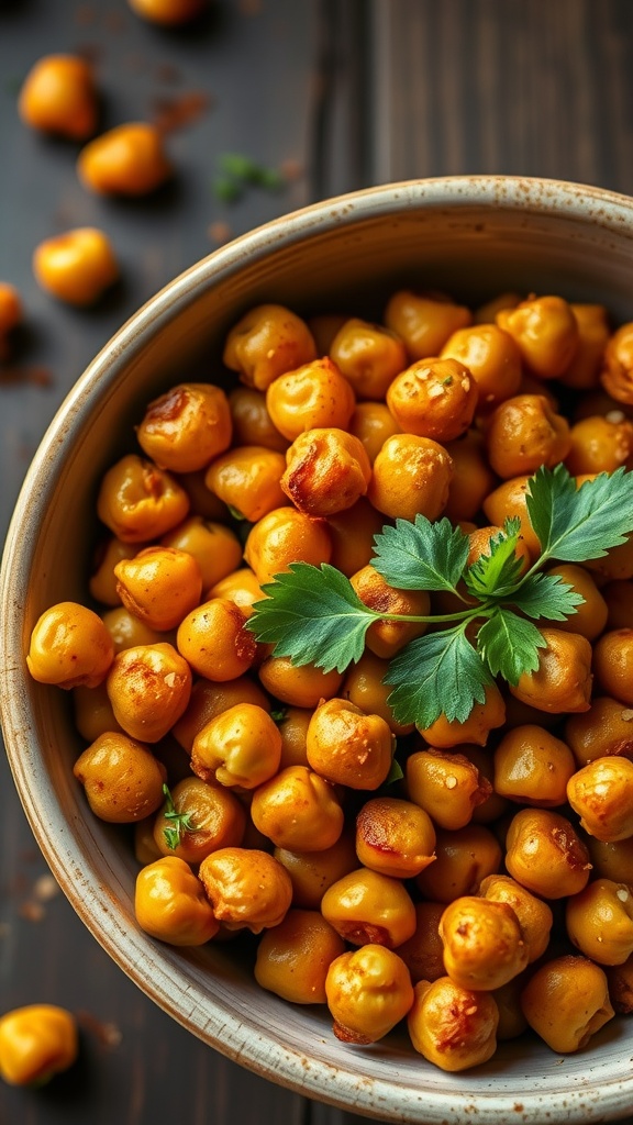 Bowl of roasted chickpeas seasoned with paprika and herbs.