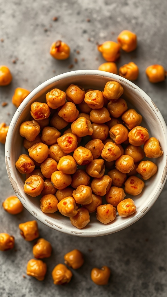 A bowl of roasted chickpeas seasoned with paprika, with some scattered around.