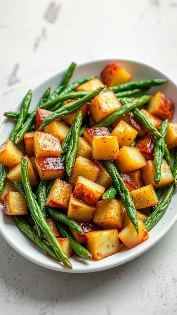 A serving of roasted potatoes and green beans medley on a white plate.