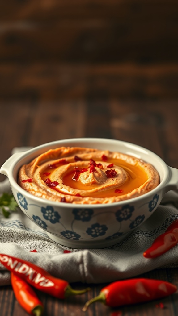 A bowl of creamy roasted red pepper hummus garnished with red pepper flakes and olive oil, surrounded by chili peppers.