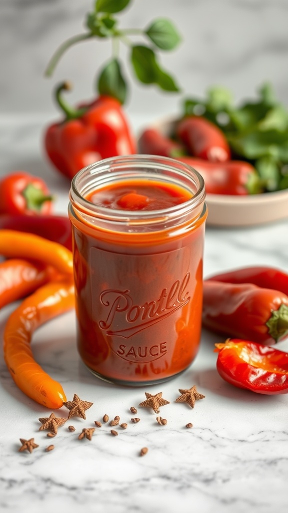 A delicious jar of roasted red pepper sauce surrounded by fresh peppers and spices.
