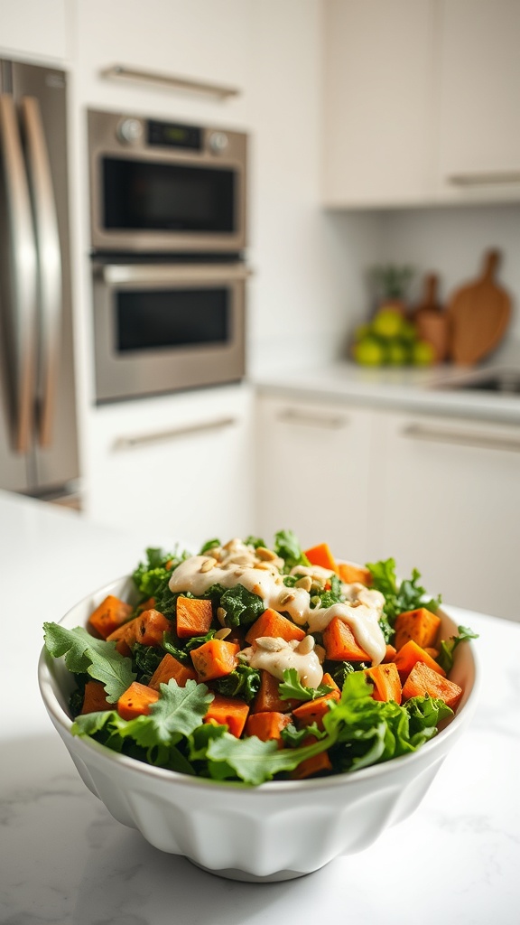 A healthy roasted sweet potato and kale bowl with tahini dressing and sunflower seeds.
