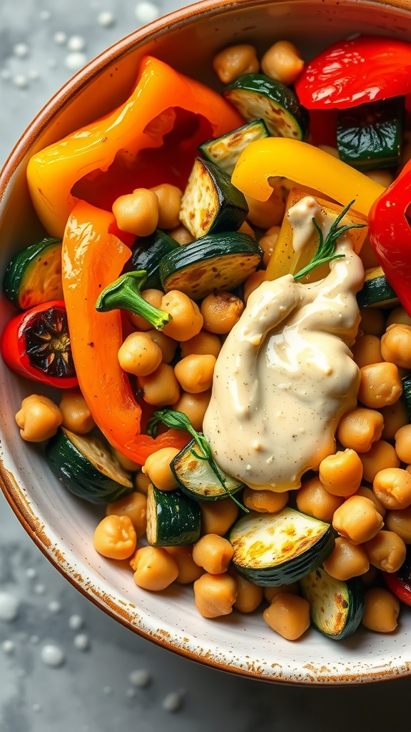 A delicious bowl filled with roasted vegetables and chickpeas
