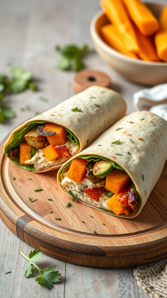 A delicious roasted vegetable and hummus wrap served on a wooden platter