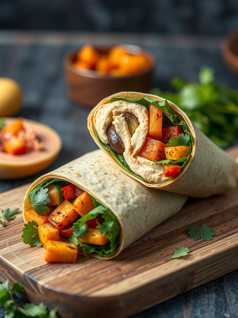 A roasted vegetable and hummus wrap on a wooden cutting board, filled with colorful veggies and greens.
