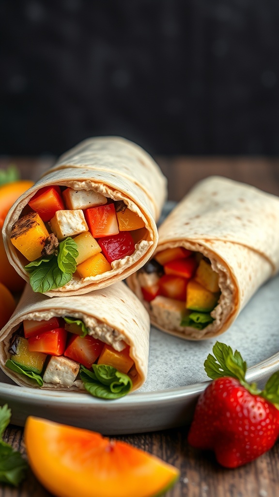 A plate of roasted vegetable and hummus wraps, showcasing colorful ingredients like peppers and greens.
