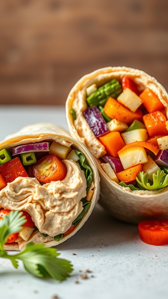 Two roasted vegetable and hummus wraps filled with colorful veggies and greens.