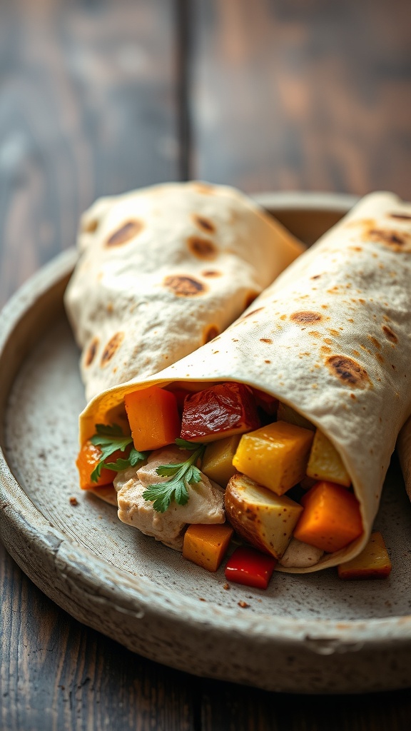 Two roasted vegetable and hummus wraps on a plate, showcasing colorful veggies and a creamy filling.