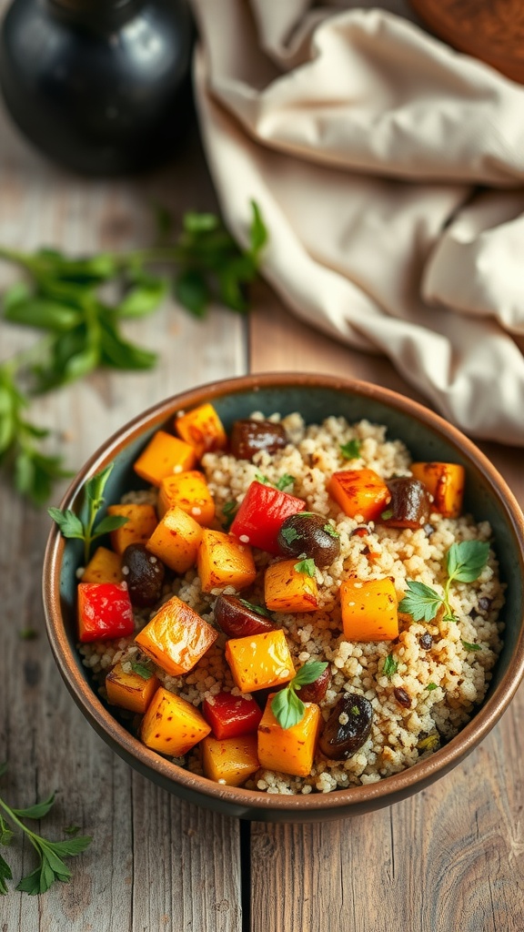 A bowl of roasted vegetable and quinoa salad with colorful veggies and herbs.