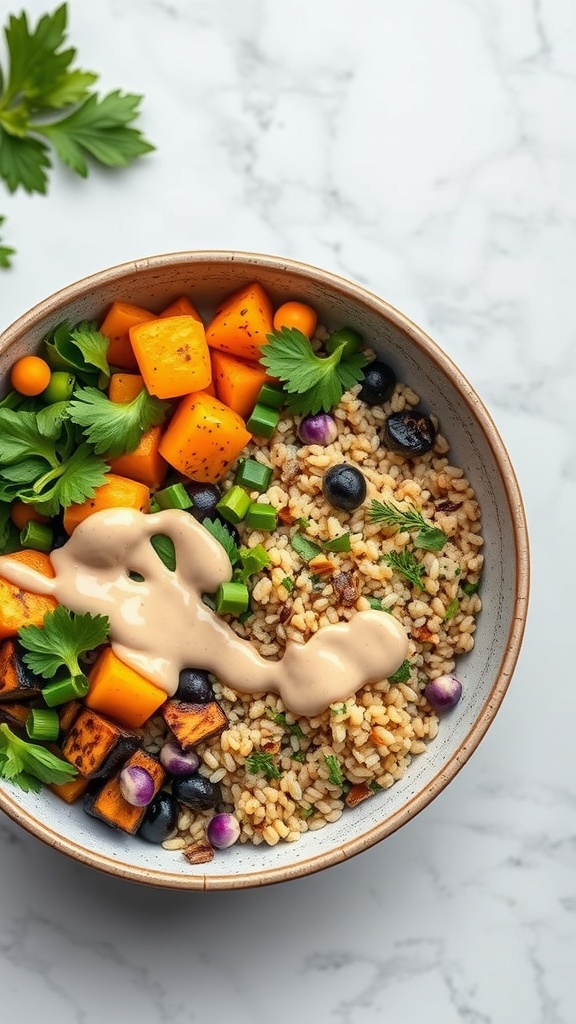 A colorful roasted vegetable Buddha bowl with grains, sweet potatoes, zucchini, and a tahini dressing.