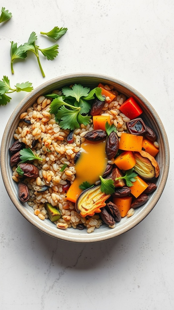 A bowl filled with grains, roasted vegetables, and fresh herbs, creating a colorful and appetizing meal.