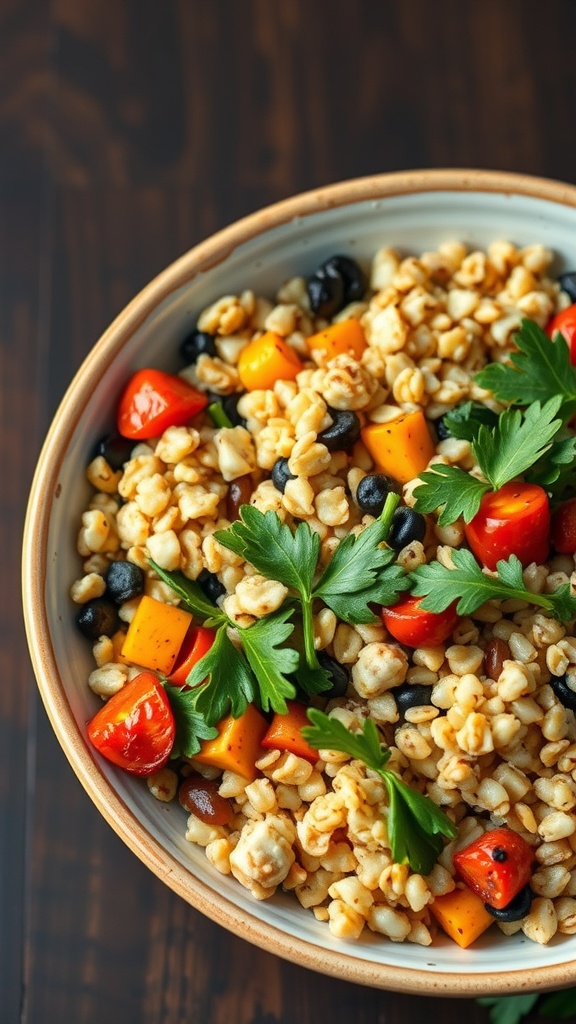 A colorful roasted vegetable grain bowl with grains, black beans, and fresh parsley.