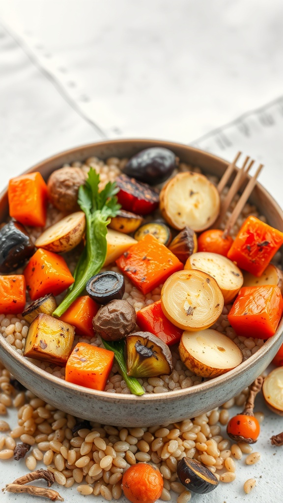 A colorful bowl of roasted vegetables including squash, potatoes, and herbs served over grains.